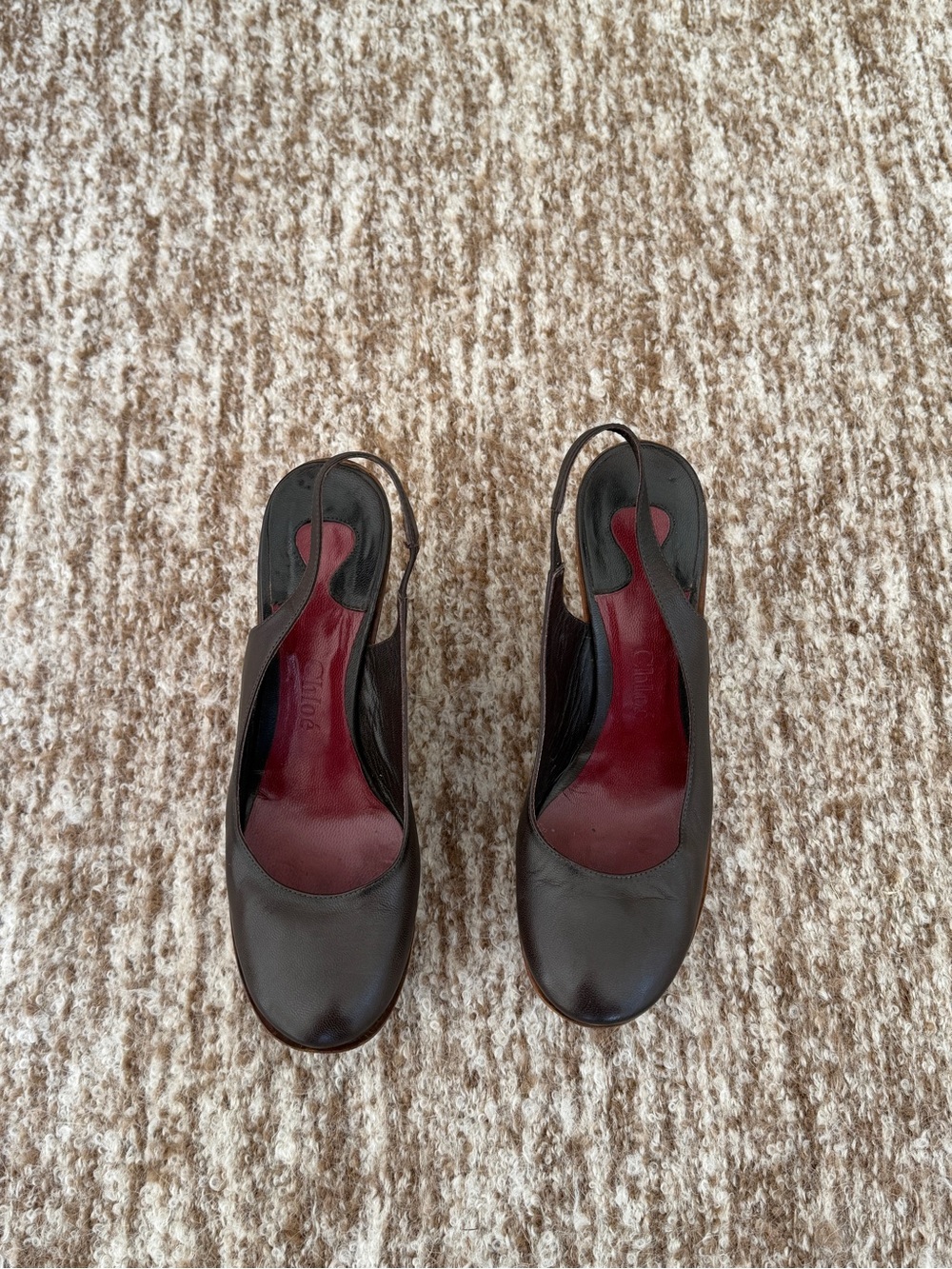 Chloe Brown Leather Slingback Heels with Red Insoles